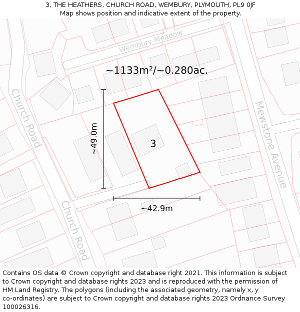 3, THE HEATHERS, CHURCH ROAD, WEMBURY, PLYMOUTH, PL9 0JF: Plot and title map