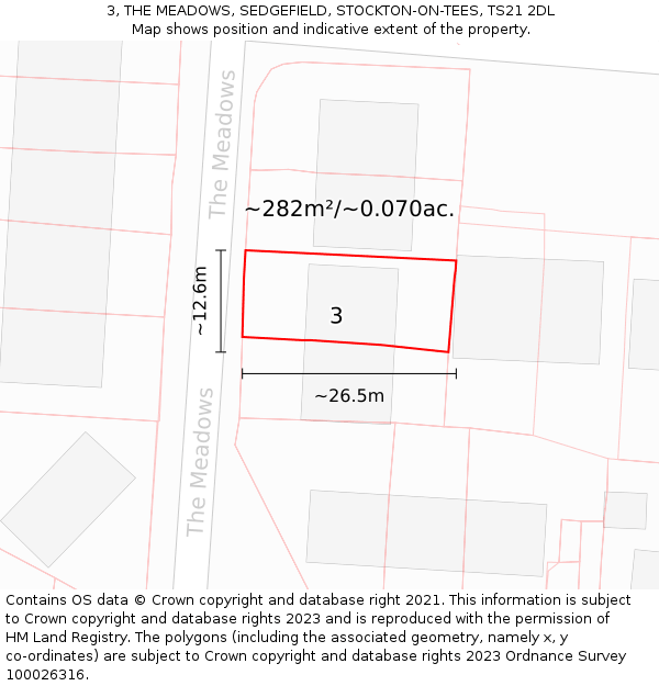 3, THE MEADOWS, SEDGEFIELD, STOCKTON-ON-TEES, TS21 2DL: Plot and title map