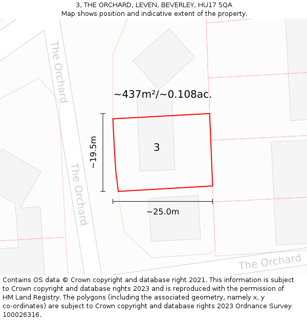 3, THE ORCHARD, LEVEN, BEVERLEY, HU17 5QA: Plot and title map