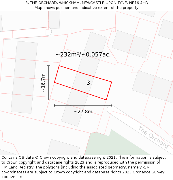 3, THE ORCHARD, WHICKHAM, NEWCASTLE UPON TYNE, NE16 4HD: Plot and title map