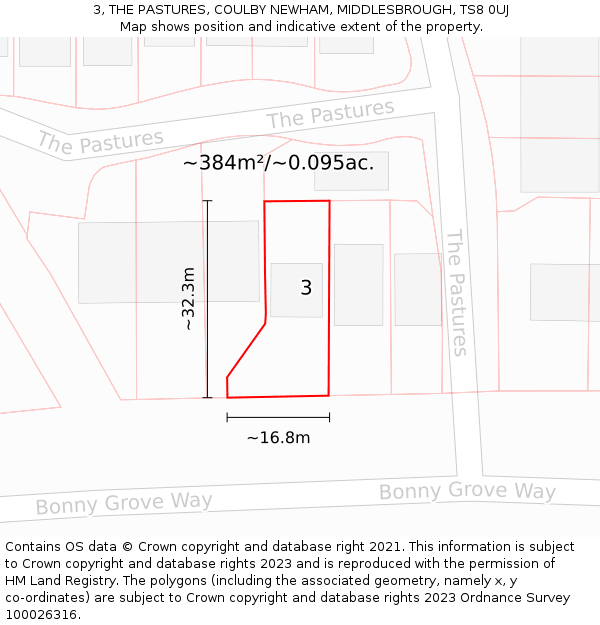 3, THE PASTURES, COULBY NEWHAM, MIDDLESBROUGH, TS8 0UJ: Plot and title map