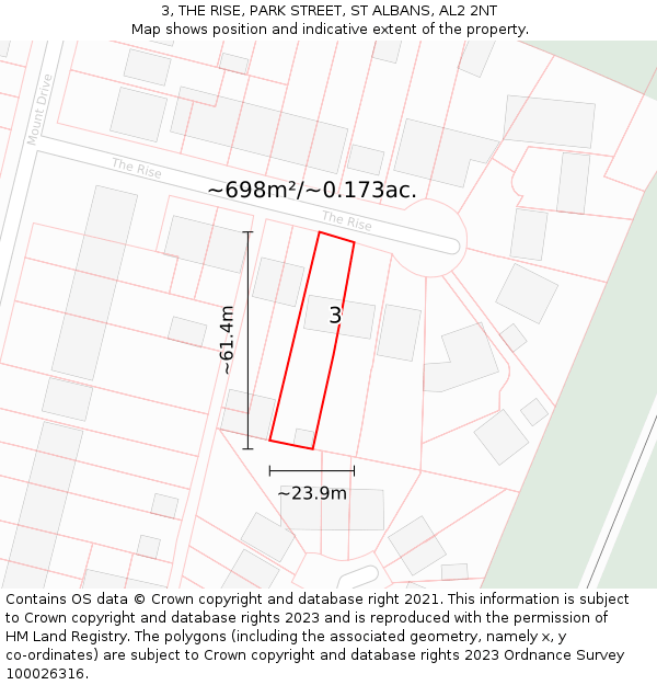 3, THE RISE, PARK STREET, ST ALBANS, AL2 2NT: Plot and title map