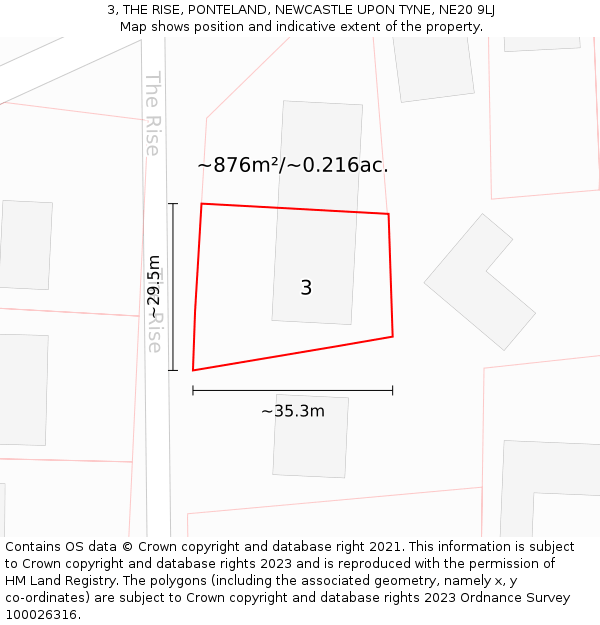 3, THE RISE, PONTELAND, NEWCASTLE UPON TYNE, NE20 9LJ: Plot and title map