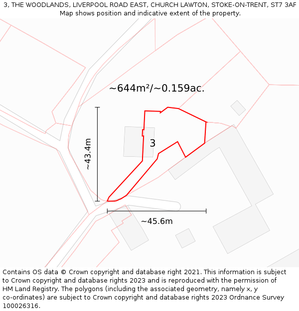 3, THE WOODLANDS, LIVERPOOL ROAD EAST, CHURCH LAWTON, STOKE-ON-TRENT, ST7 3AF: Plot and title map