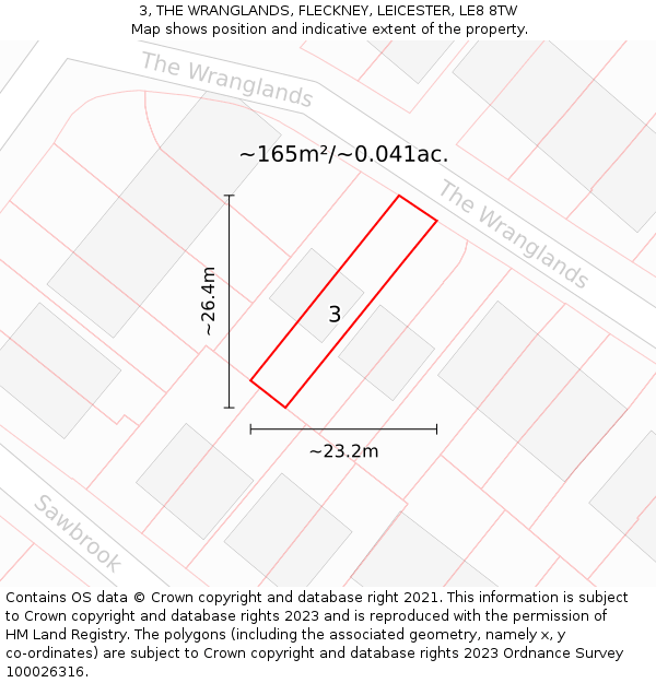 3, THE WRANGLANDS, FLECKNEY, LEICESTER, LE8 8TW: Plot and title map