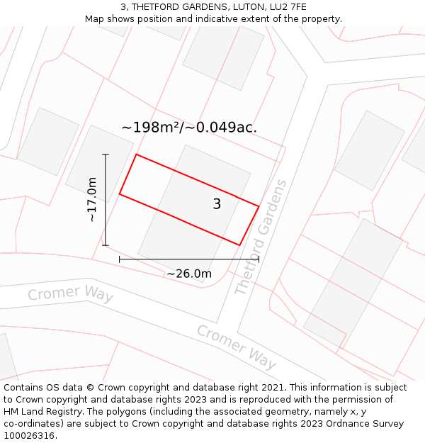 3, THETFORD GARDENS, LUTON, LU2 7FE: Plot and title map