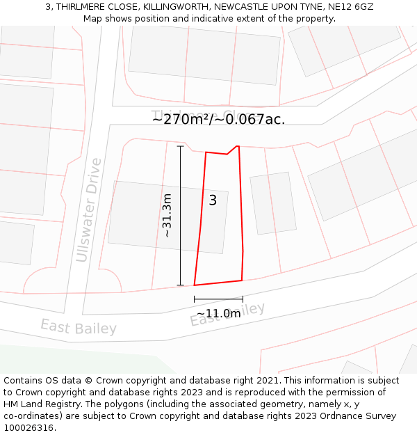 3, THIRLMERE CLOSE, KILLINGWORTH, NEWCASTLE UPON TYNE, NE12 6GZ: Plot and title map