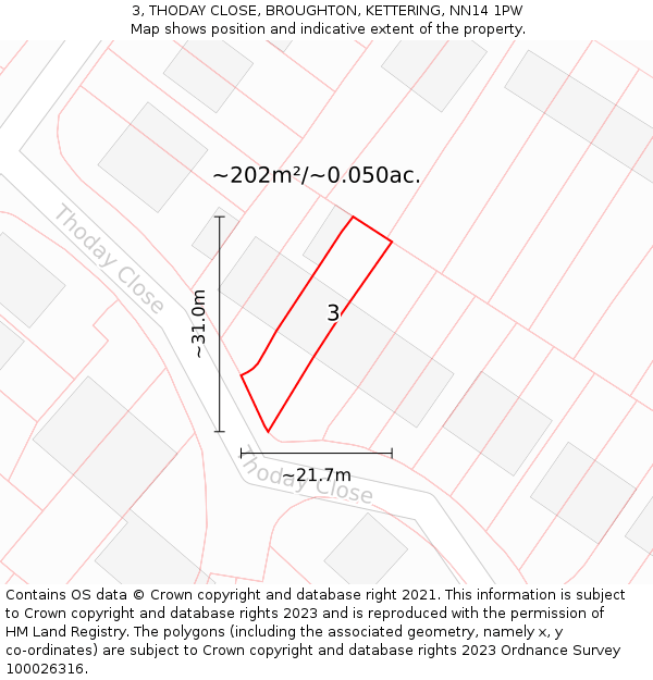 3, THODAY CLOSE, BROUGHTON, KETTERING, NN14 1PW: Plot and title map