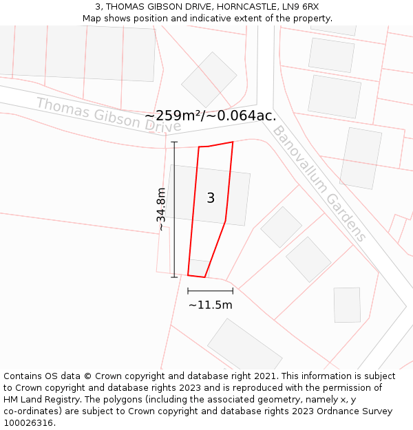 3, THOMAS GIBSON DRIVE, HORNCASTLE, LN9 6RX: Plot and title map