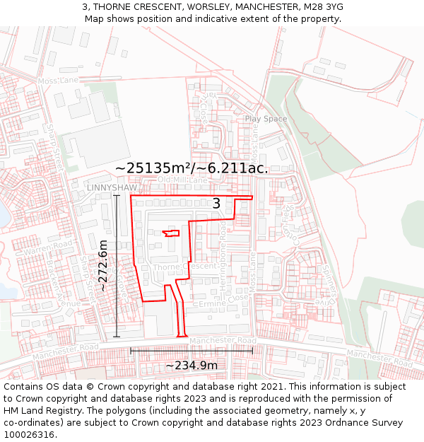 3, THORNE CRESCENT, WORSLEY, MANCHESTER, M28 3YG: Plot and title map