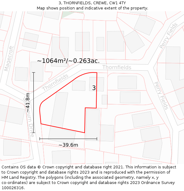 3, THORNFIELDS, CREWE, CW1 4TY: Plot and title map