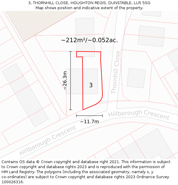 3, THORNHILL CLOSE, HOUGHTON REGIS, DUNSTABLE, LU5 5SG: Plot and title map
