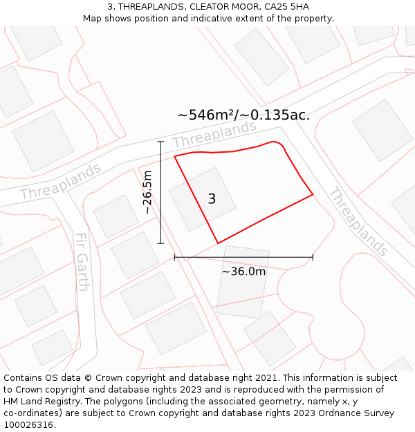 3, THREAPLANDS, CLEATOR MOOR, CA25 5HA: Plot and title map