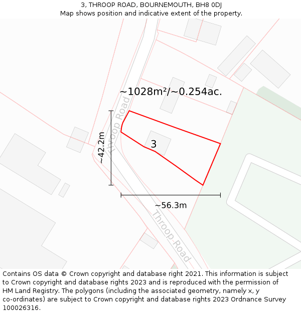 3, THROOP ROAD, BOURNEMOUTH, BH8 0DJ: Plot and title map