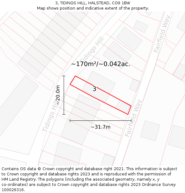 3, TIDINGS HILL, HALSTEAD, CO9 1BW: Plot and title map