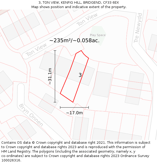 3, TON VIEW, KENFIG HILL, BRIDGEND, CF33 6EX: Plot and title map