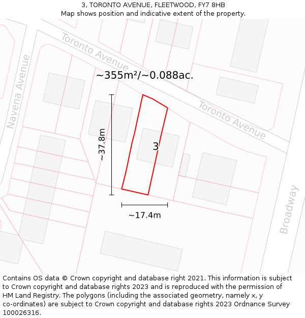 3, TORONTO AVENUE, FLEETWOOD, FY7 8HB: Plot and title map