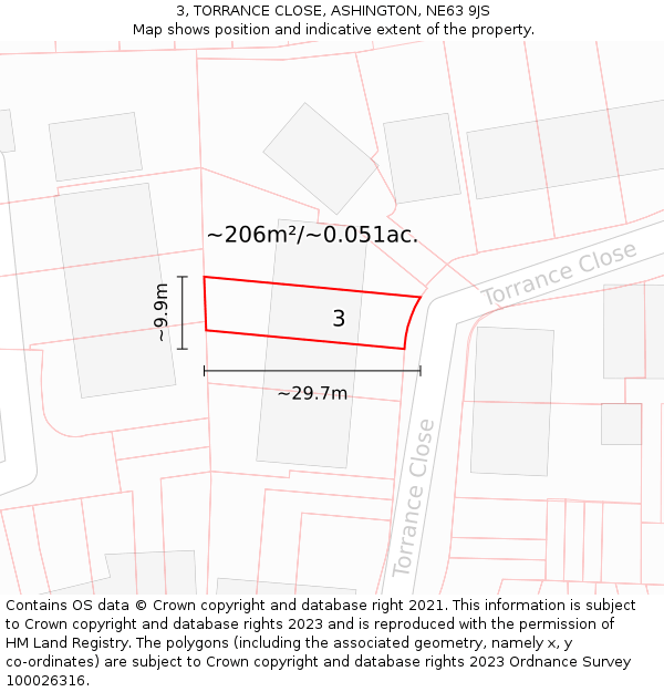 3, TORRANCE CLOSE, ASHINGTON, NE63 9JS: Plot and title map