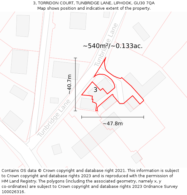 3, TORRIDON COURT, TUNBRIDGE LANE, LIPHOOK, GU30 7QA: Plot and title map