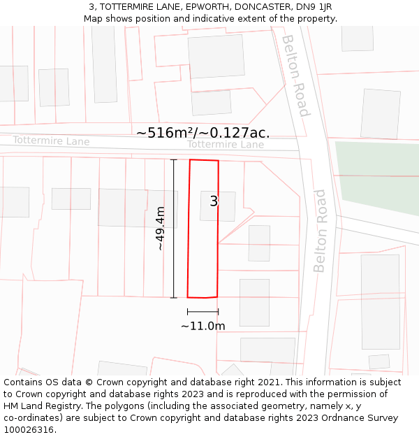 3, TOTTERMIRE LANE, EPWORTH, DONCASTER, DN9 1JR: Plot and title map