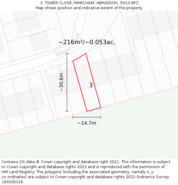 3, TOWER CLOSE, MARCHAM, ABINGDON, OX13 6PZ: Plot and title map