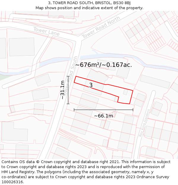 3, TOWER ROAD SOUTH, BRISTOL, BS30 8BJ: Plot and title map