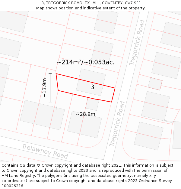 3, TREGORRICK ROAD, EXHALL, COVENTRY, CV7 9FF: Plot and title map