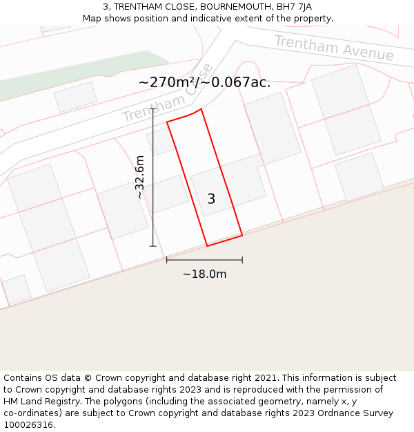 3, TRENTHAM CLOSE, BOURNEMOUTH, BH7 7JA: Plot and title map