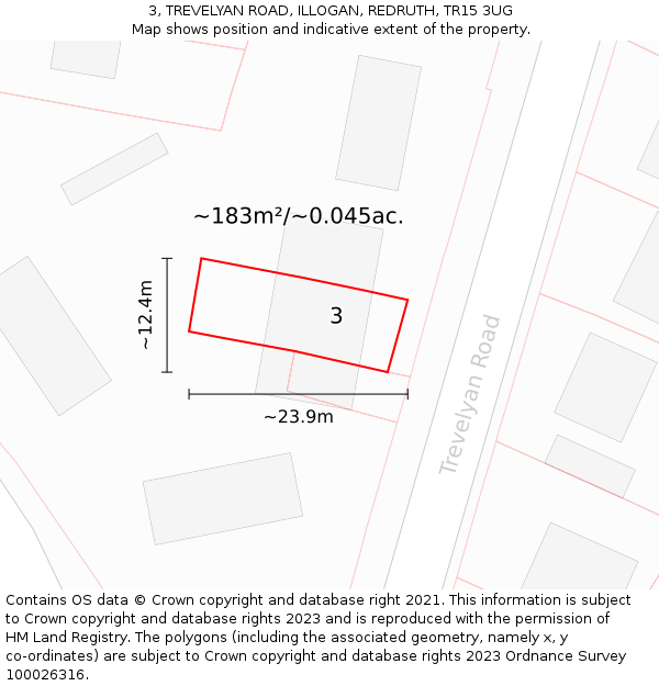 3, TREVELYAN ROAD, ILLOGAN, REDRUTH, TR15 3UG: Plot and title map