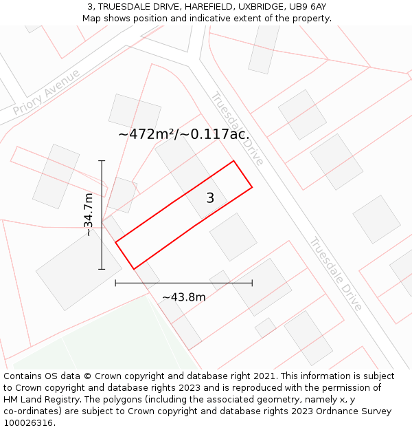 3, TRUESDALE DRIVE, HAREFIELD, UXBRIDGE, UB9 6AY: Plot and title map