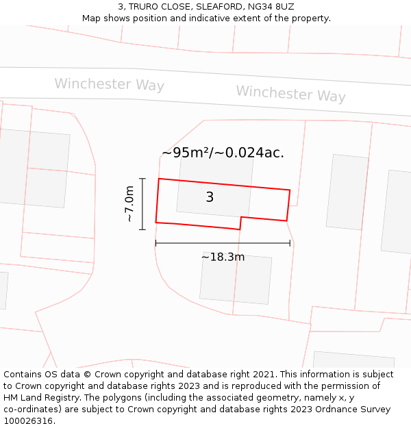 3, TRURO CLOSE, SLEAFORD, NG34 8UZ: Plot and title map