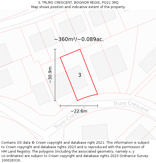 3, TRURO CRESCENT, BOGNOR REGIS, PO21 3RQ: Plot and title map