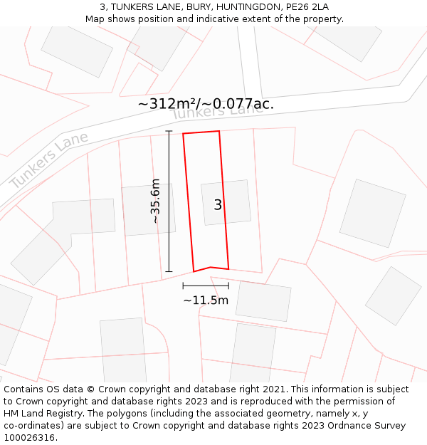 3, TUNKERS LANE, BURY, HUNTINGDON, PE26 2LA: Plot and title map