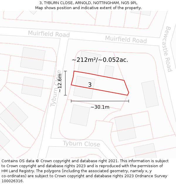 3, TYBURN CLOSE, ARNOLD, NOTTINGHAM, NG5 9PL: Plot and title map