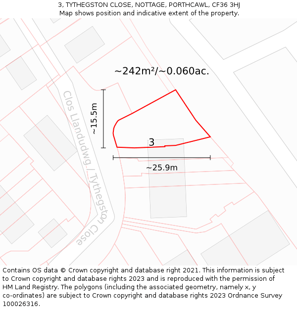 3, TYTHEGSTON CLOSE, NOTTAGE, PORTHCAWL, CF36 3HJ: Plot and title map