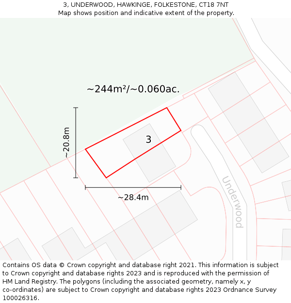 3, UNDERWOOD, HAWKINGE, FOLKESTONE, CT18 7NT: Plot and title map