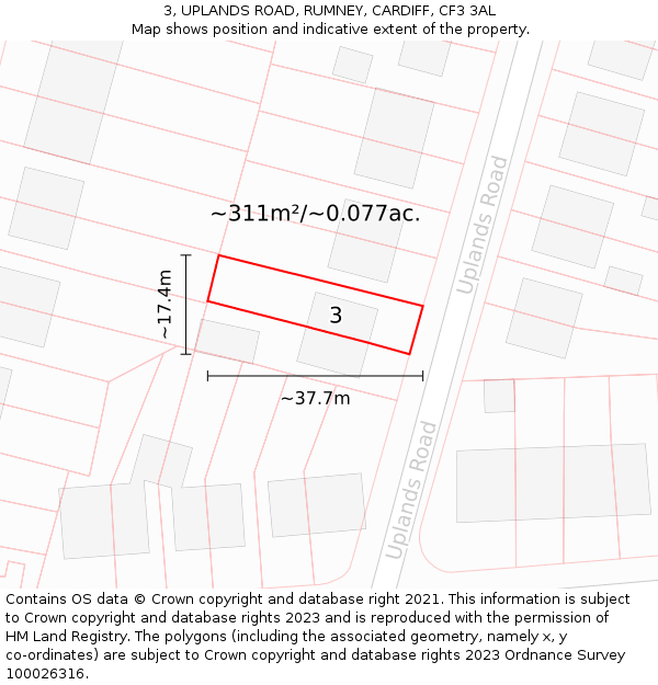 3, UPLANDS ROAD, RUMNEY, CARDIFF, CF3 3AL: Plot and title map