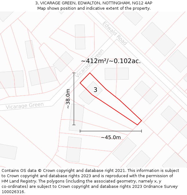 3, VICARAGE GREEN, EDWALTON, NOTTINGHAM, NG12 4AP: Plot and title map