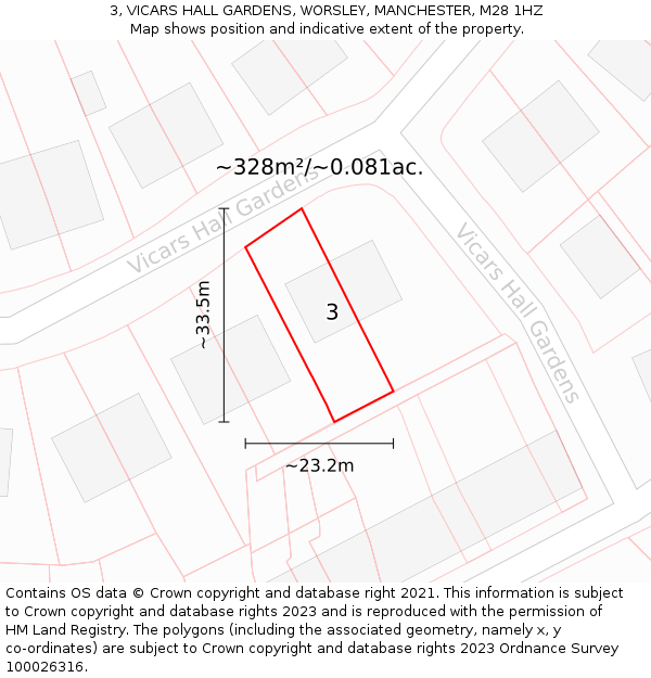 3, VICARS HALL GARDENS, WORSLEY, MANCHESTER, M28 1HZ: Plot and title map