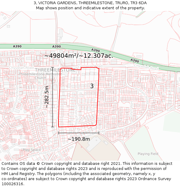 3, VICTORIA GARDENS, THREEMILESTONE, TRURO, TR3 6DA: Plot and title map