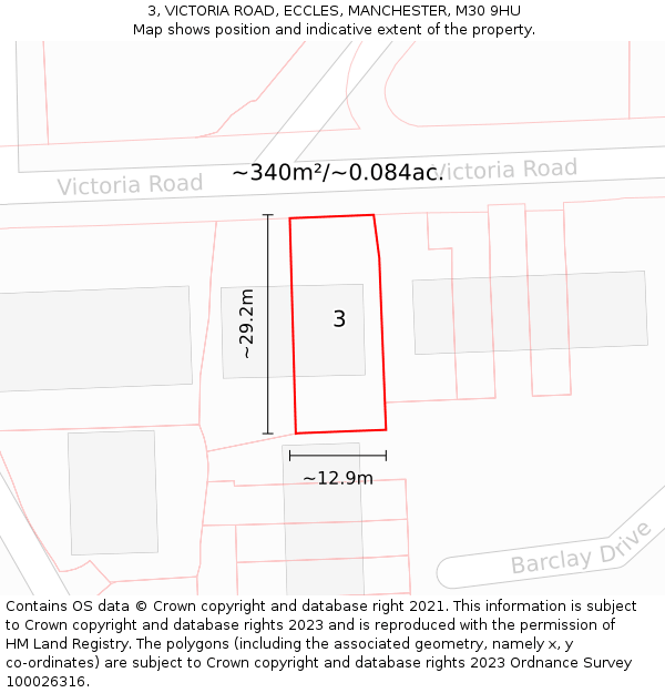 3, VICTORIA ROAD, ECCLES, MANCHESTER, M30 9HU: Plot and title map