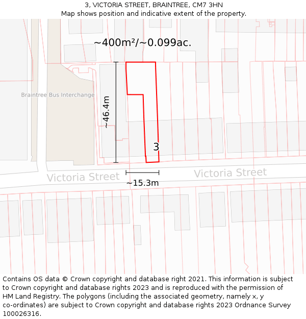 3, VICTORIA STREET, BRAINTREE, CM7 3HN: Plot and title map