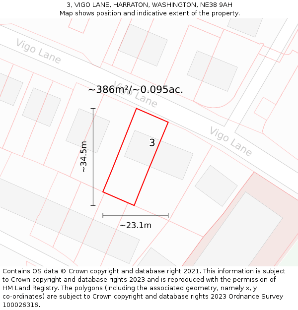 3, VIGO LANE, HARRATON, WASHINGTON, NE38 9AH: Plot and title map