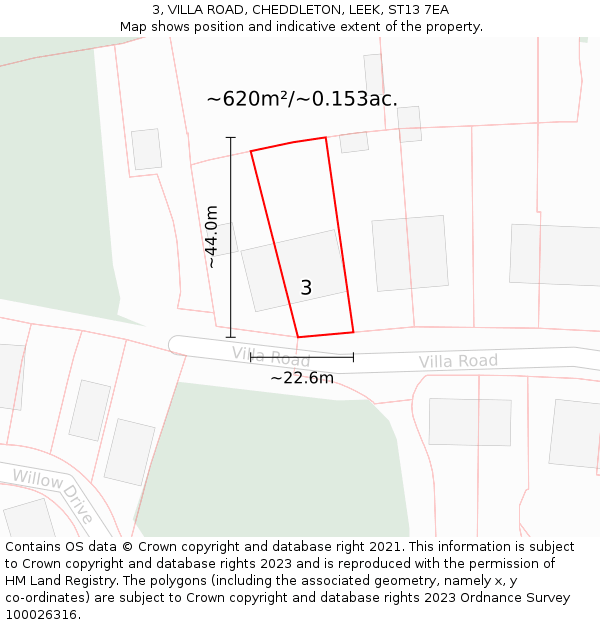 3, VILLA ROAD, CHEDDLETON, LEEK, ST13 7EA: Plot and title map