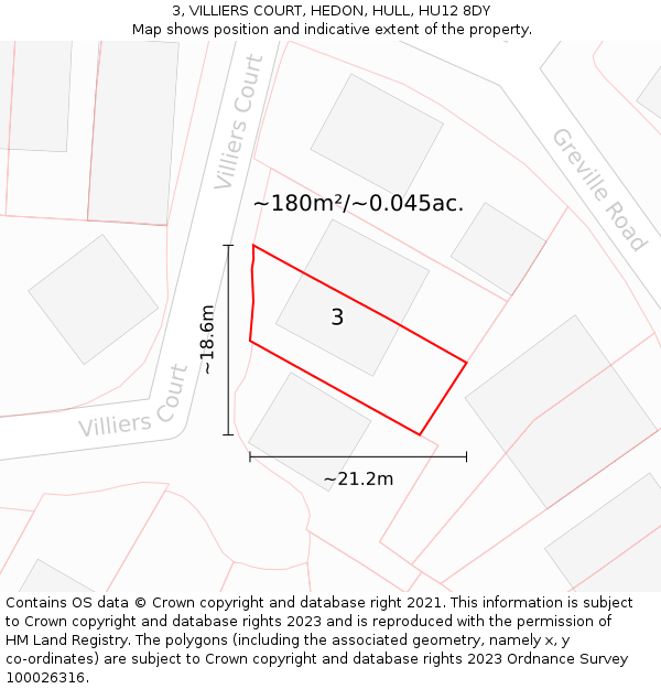 3, VILLIERS COURT, HEDON, HULL, HU12 8DY: Plot and title map