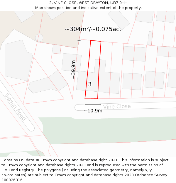 3, VINE CLOSE, WEST DRAYTON, UB7 9HH: Plot and title map