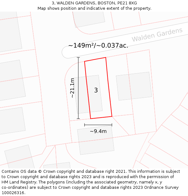 3, WALDEN GARDENS, BOSTON, PE21 8XG: Plot and title map