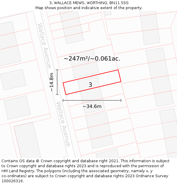 3, WALLACE MEWS, WORTHING, BN11 5SS: Plot and title map