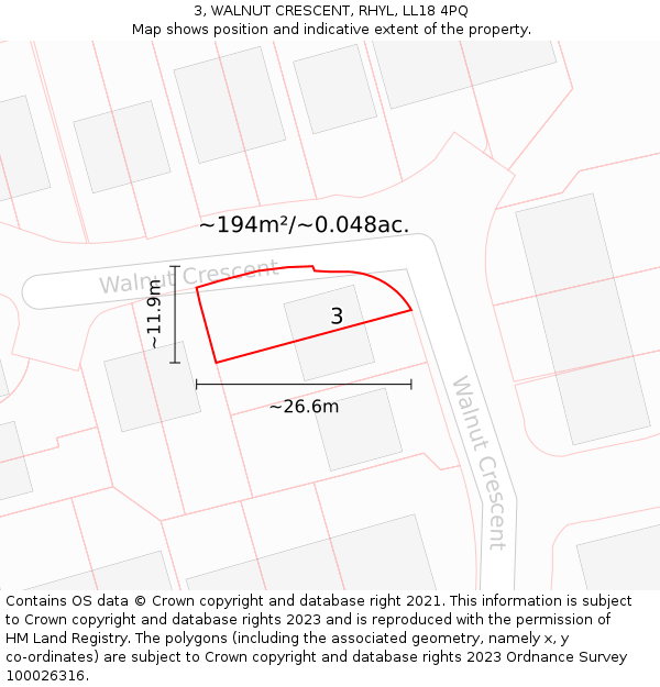 3, WALNUT CRESCENT, RHYL, LL18 4PQ: Plot and title map