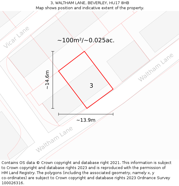 3, WALTHAM LANE, BEVERLEY, HU17 8HB: Plot and title map